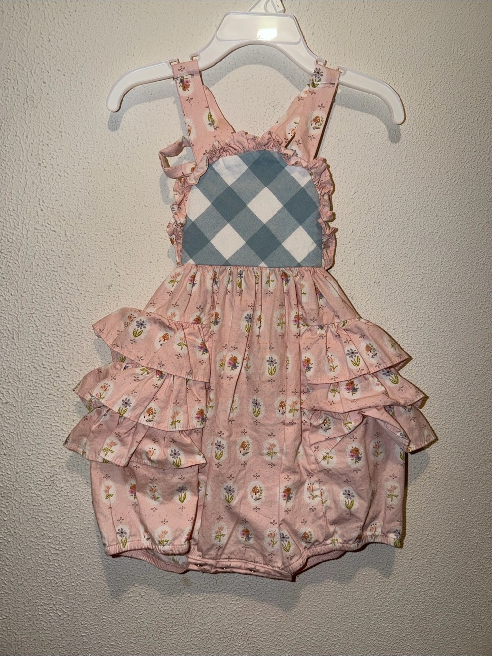Princess Polly Pink Floral romper with Gingham Bib Accent